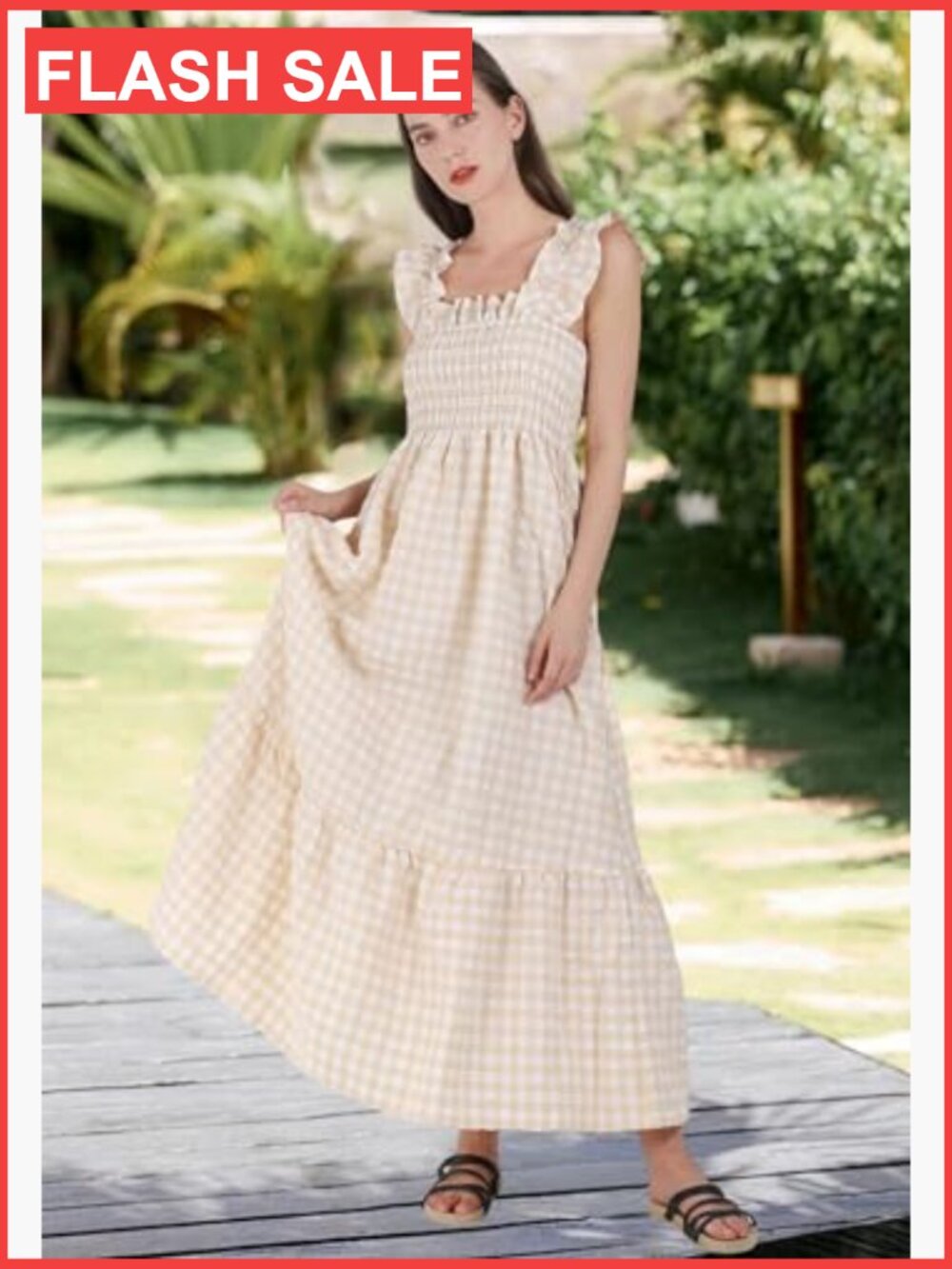 Retro Plaid Smocked Dress Spaghetti Strap Flounce Long Dress - Picture 3 of 7